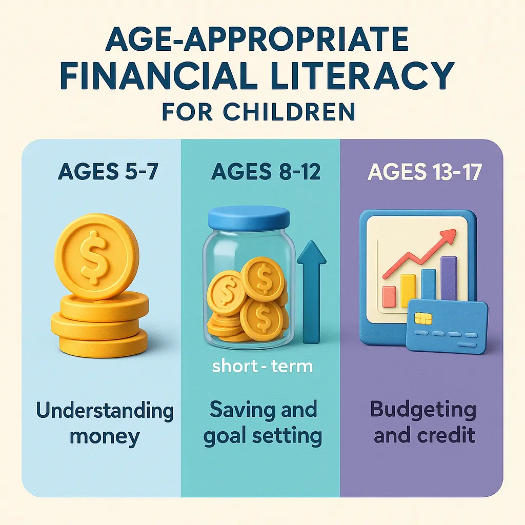3D infographic showing age-appropriate financial literacy skills for children aged 5–7, 8–12, and 13–17 with icons for coins, savings, and charts”