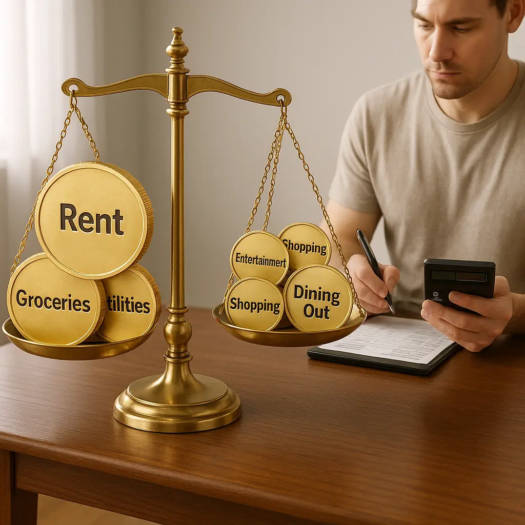Realistic 3D scene of a person calculating expenses next to a scale balancing monthly budget categories like rent, groceries, and entertainment.
