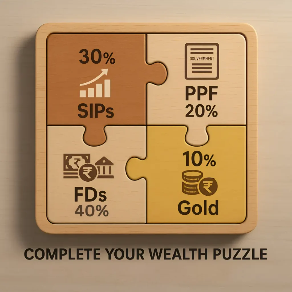 Puzzle-style infographic showing beginner investment mix in India with SIPs, PPF, FDs, and gold -ideal for those learning how to start investing in 2025.