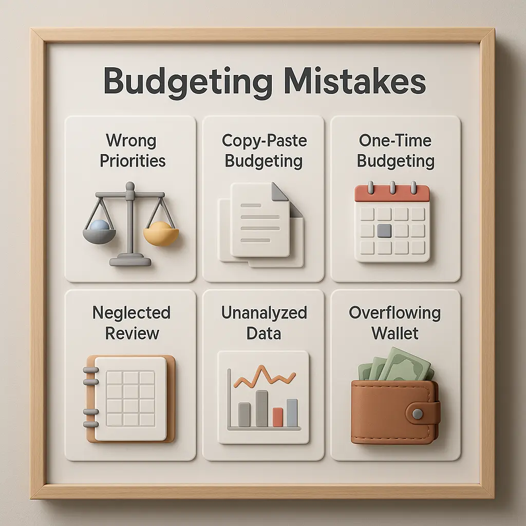 An infographic highlighting budgeting mistakes such as wrong priorities, copy-paste budgeting, and unanalyzed data for poor financial planning.