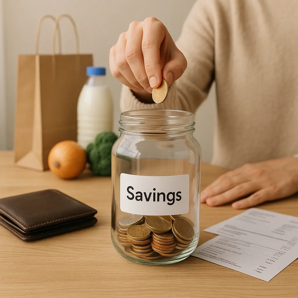 A person placing coins into a savings jar at home, highlighting the budgeting mistake of not prioritizing savings before expenses like groceries or bills.