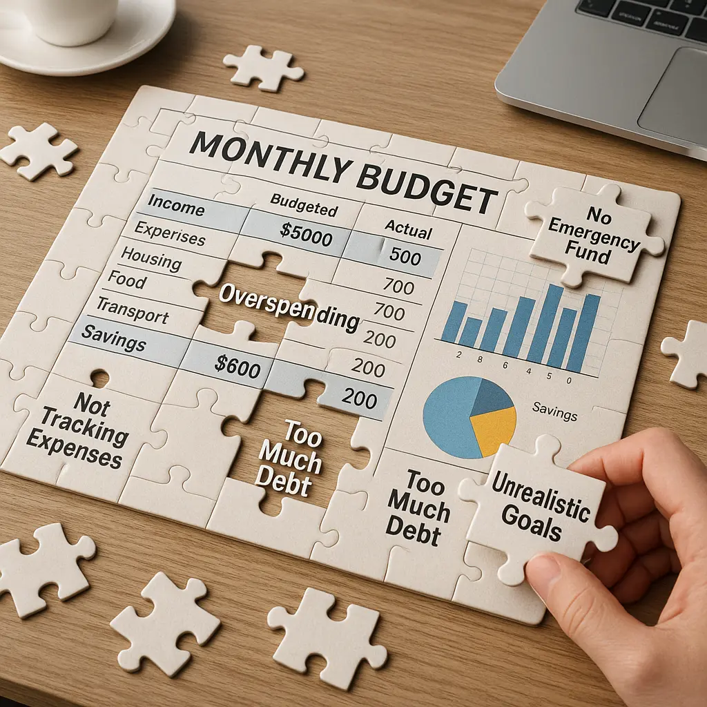 A puzzle-themed visual showing common budgeting mistakes like overspending, too much debt, and lack of emergency fund, illustrating monthly budget gaps.