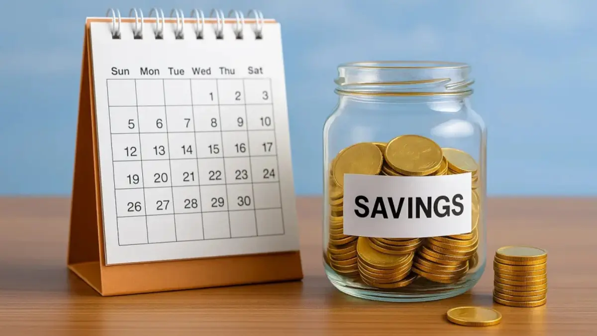 Jar full of gold coins beside a calendar, symbolizing the impact of tracking a daily savings habit over time.