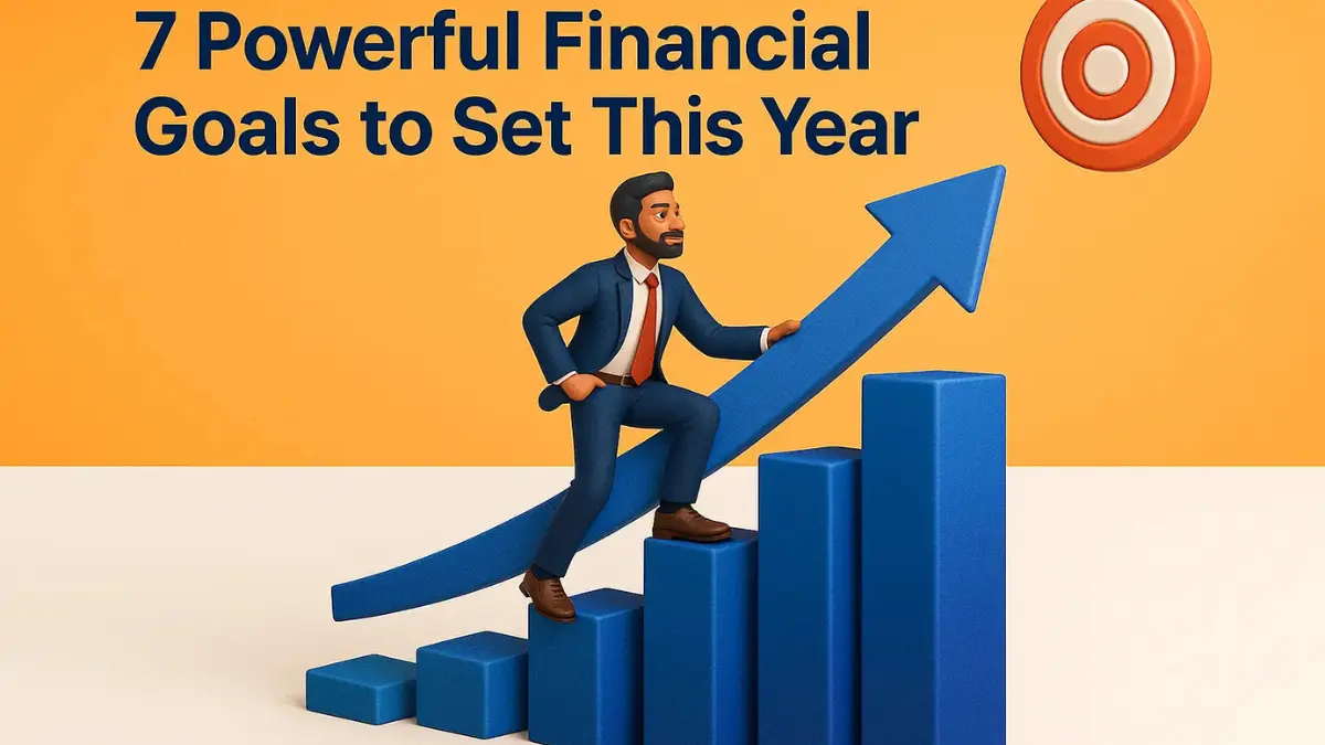 A Ghibli-style Indian businessman climbing 3D steps toward a target, visually representing powerful financial goals to set this year for wealth growth.