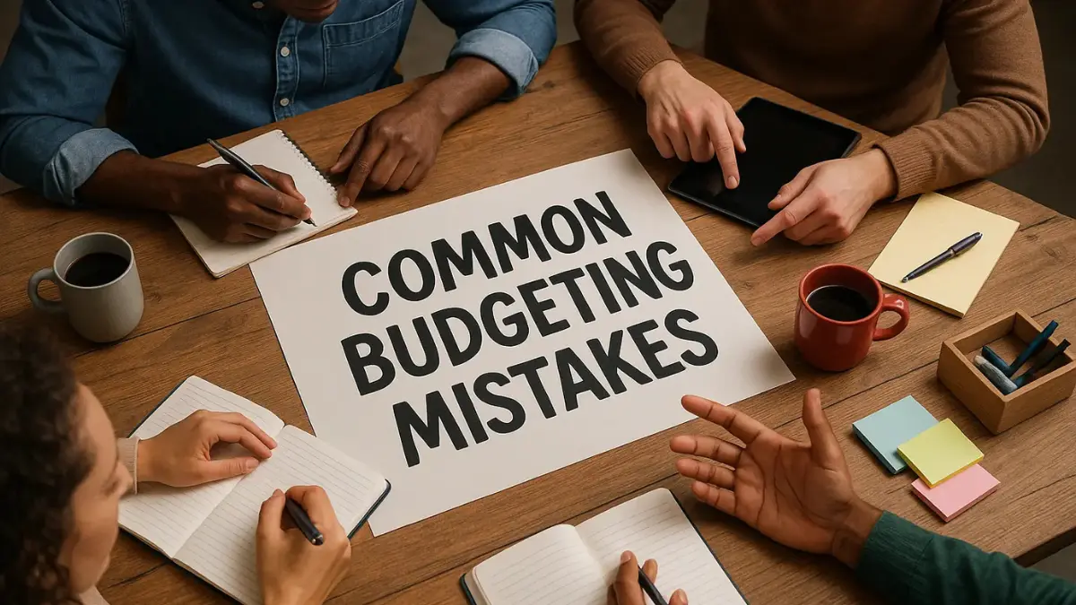 A group of people discussing common budgeting mistakes during a collaborative workshop, focused on improving financial habits and awareness.