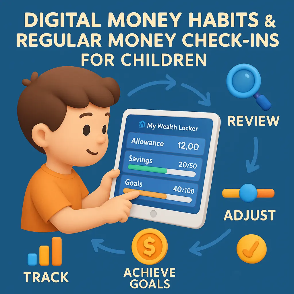 3D infographic showing children using digital tools like My Wealth Locker to track savings, allowances, and financial goals