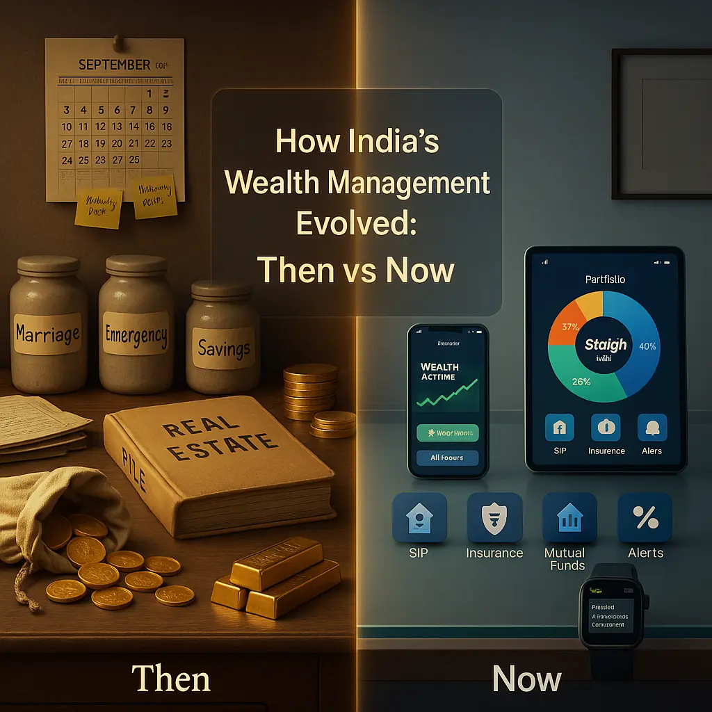 Visual comparison showing how wealth management mistakes Indians make have evolved, contrasting old habits like gold hoarding and paper savings with modern app-based investing.