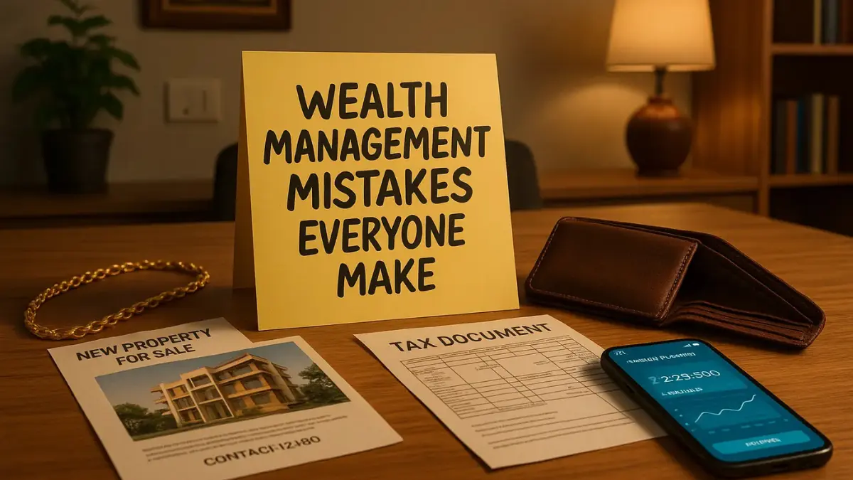 Featured visual representing the top wealth management mistakes Indians make, with clear labels, icons, and a simplified front-facing 3D chart for educational appeal.