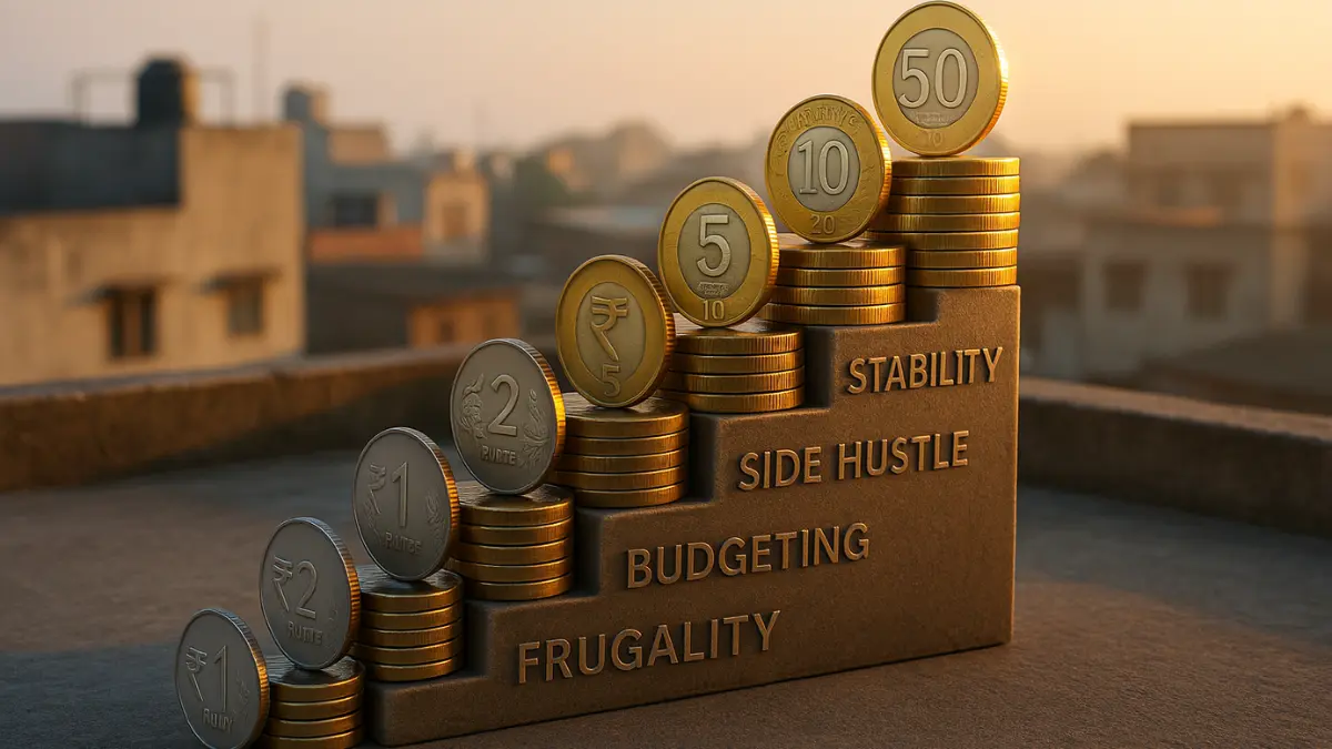 “3D staircase made of Indian coins showing steps to save money on a low income”