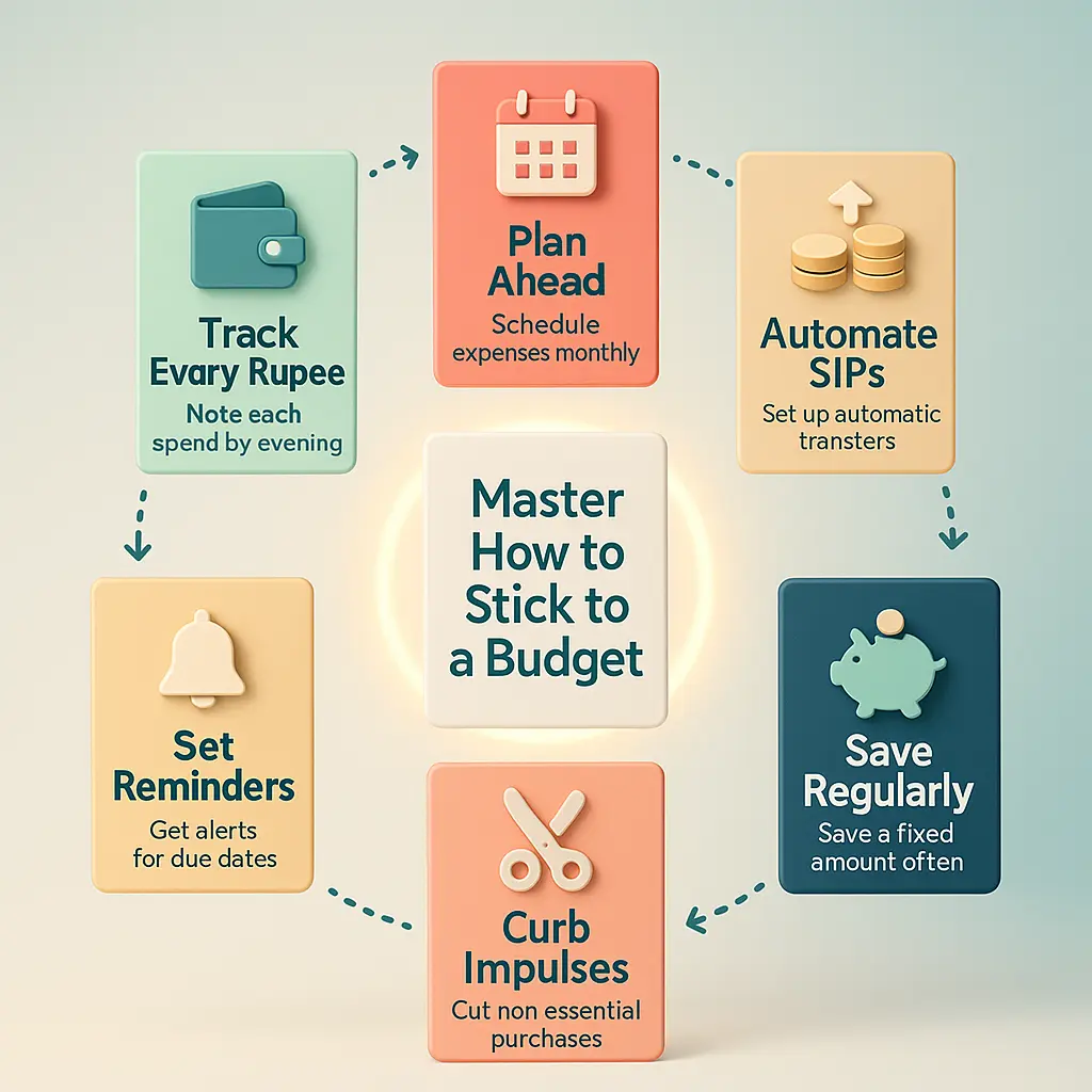 “Infographic-style floating cards showing daily tips like automate SIPs and plan ahead - visual guide for how to stick to a budget effectively.”