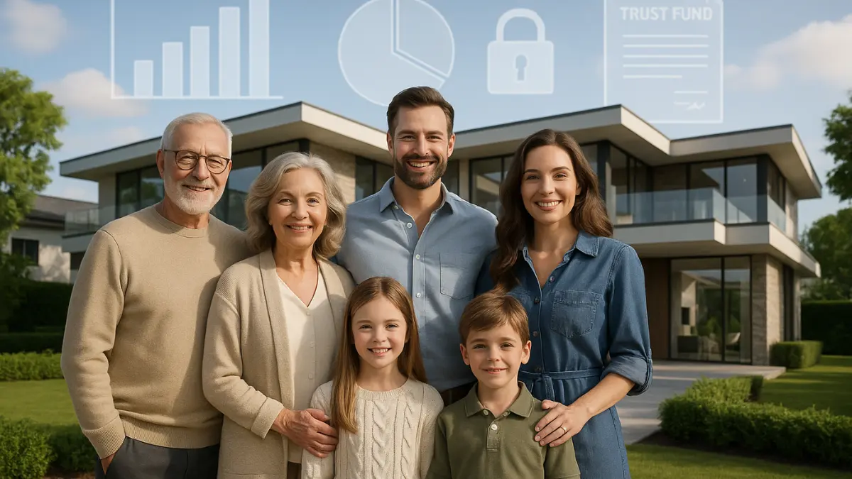 A three-generation family standing in front of a modern house with overlay icons representing trust fund, charts, and financial security — symbolizing private wealth management and legacy planning.