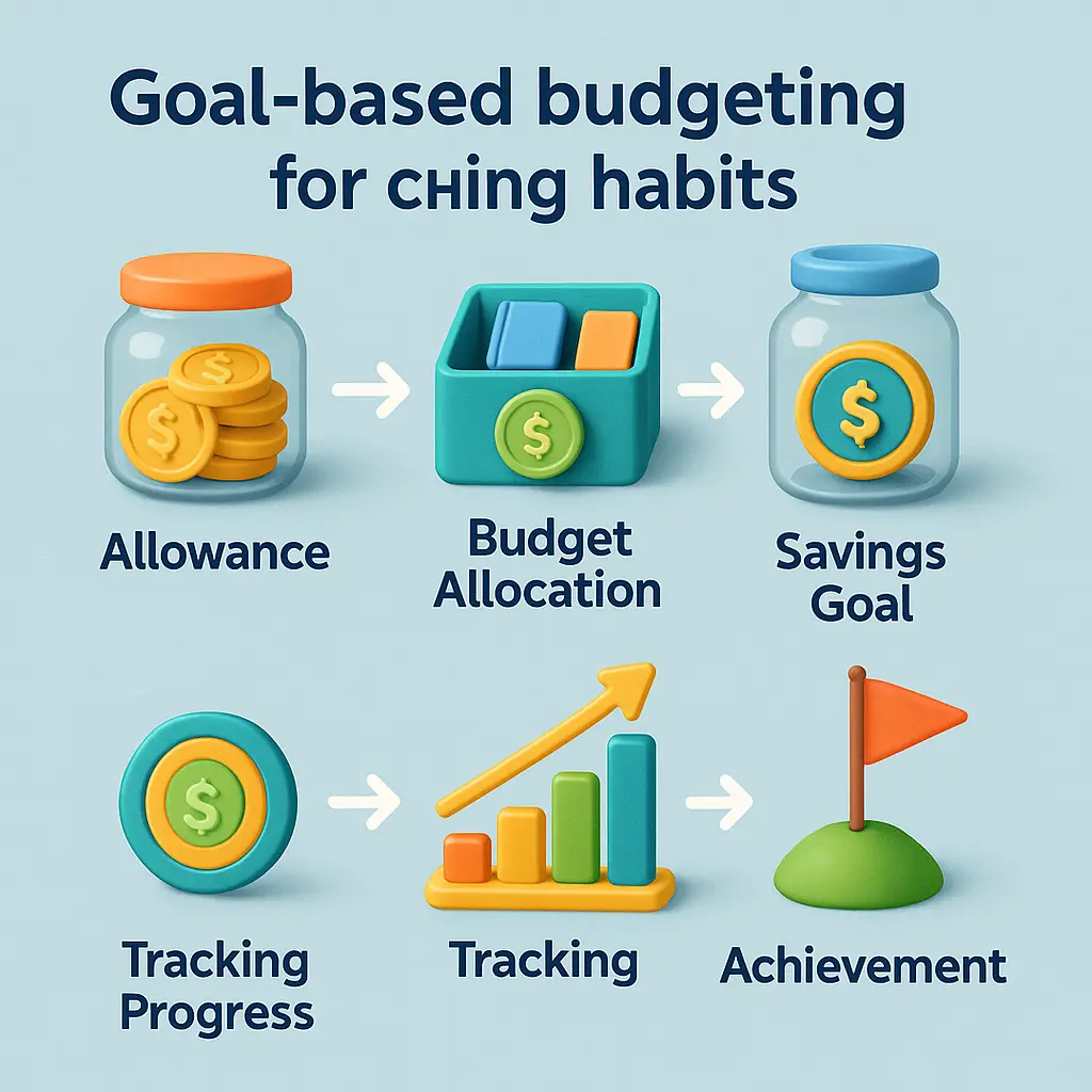 3D infographic illustrating goal-based budgeting and saving habits for children with visual flow from allowance to goal achievement