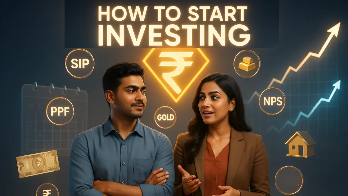 Young Indian man and woman discussing how to start investing with glowing rupee symbol, SIP, NPS, PPF, and gold icons in background — perfect visual for 2025 beginners.