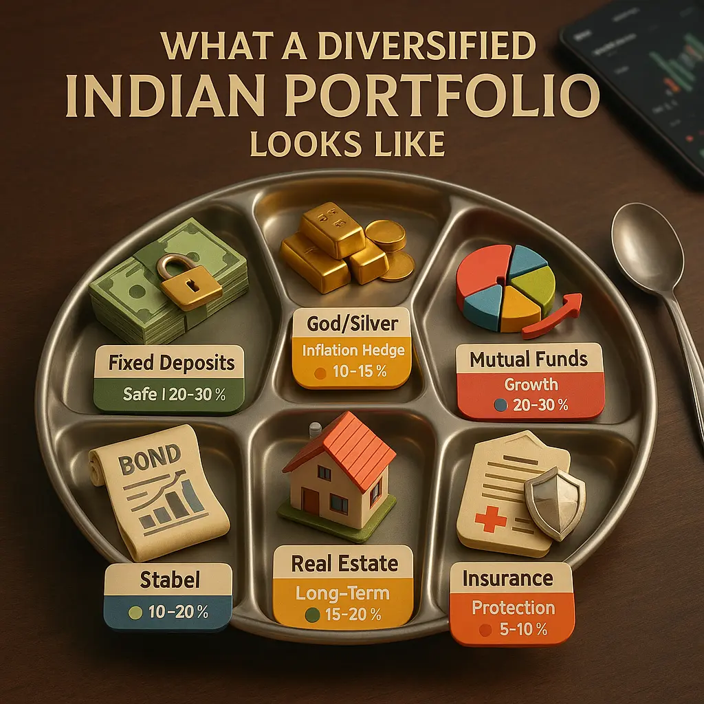 A 3D thali-style pie chart that corrects typical wealth management mistakes Indians make by showing a balanced investment portfolio including gold, mutual funds, real estate, and bonds.