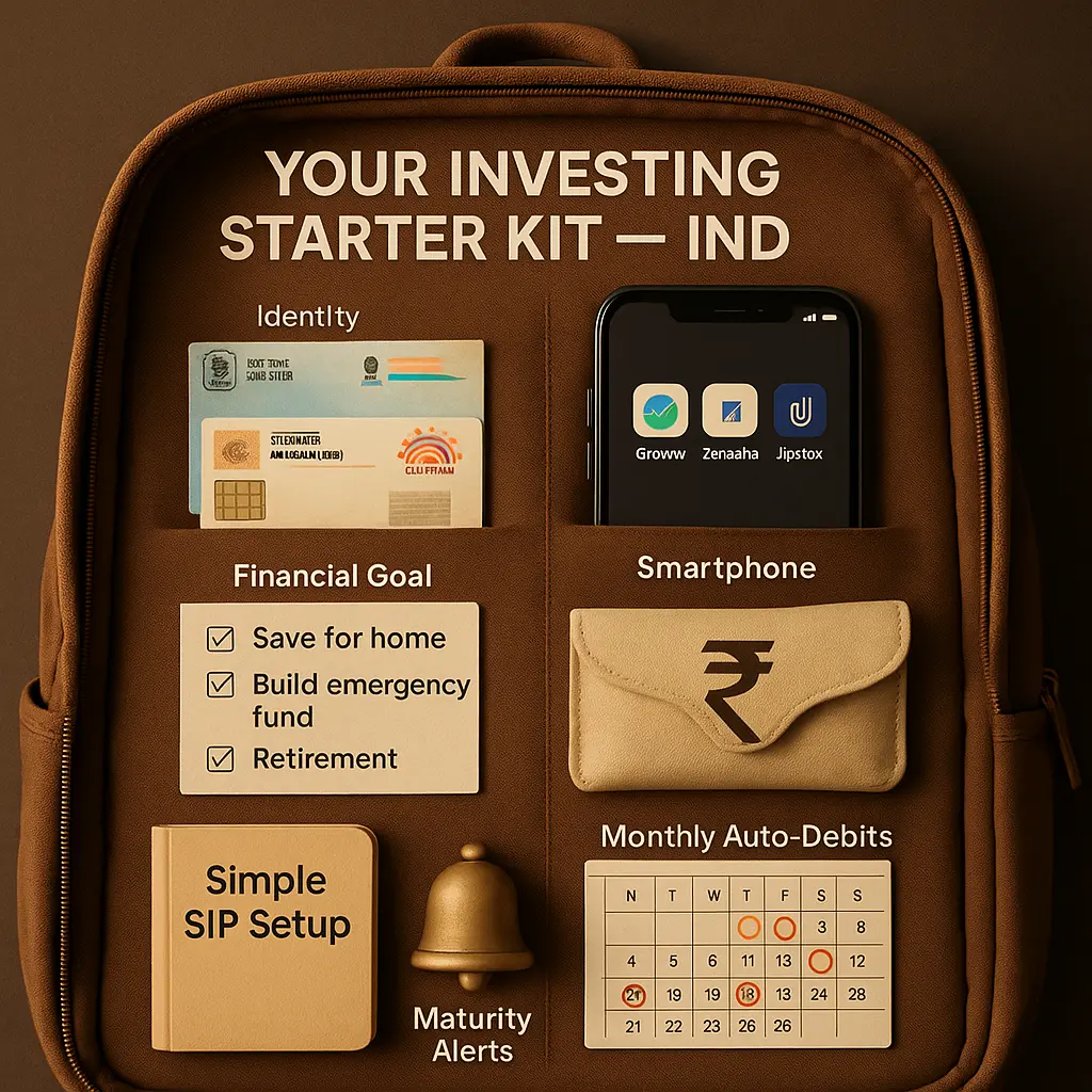 Realistic backpack showing an investing starter kit for beginners in India, including PAN, Aadhaar, SIP guide, calendar, and alerts — a visual guide on how to start investing.