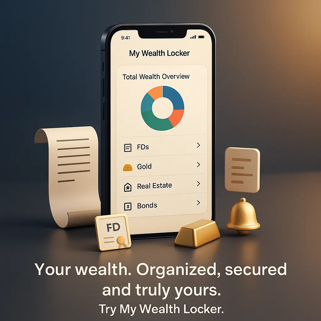 “Mobile dashboard of My Wealth Locker showing wealth categories like FDs, gold, and real estate a powerful tool for how to stick to a budget and manage assets.”