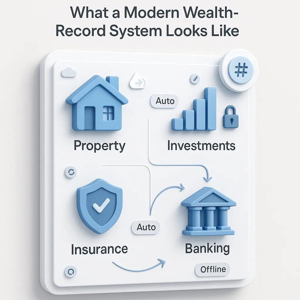 3D dashboard infographic showing how a smart wealth management system organizes assets with automation and encryption.