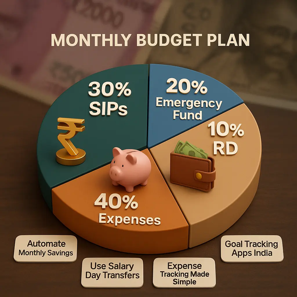 Pie chart showing a smart monthly budget plan for India, aligned with key financial goals to set this year like SIPs, emergency funds, and RDs.