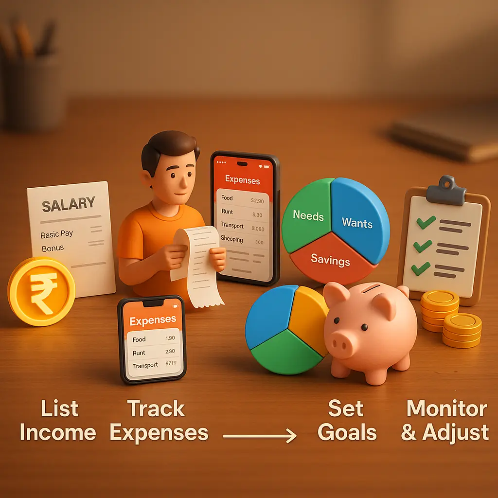 3D infographic showing the monthly budget process with icons for income, expenses, savings, and financial goals.