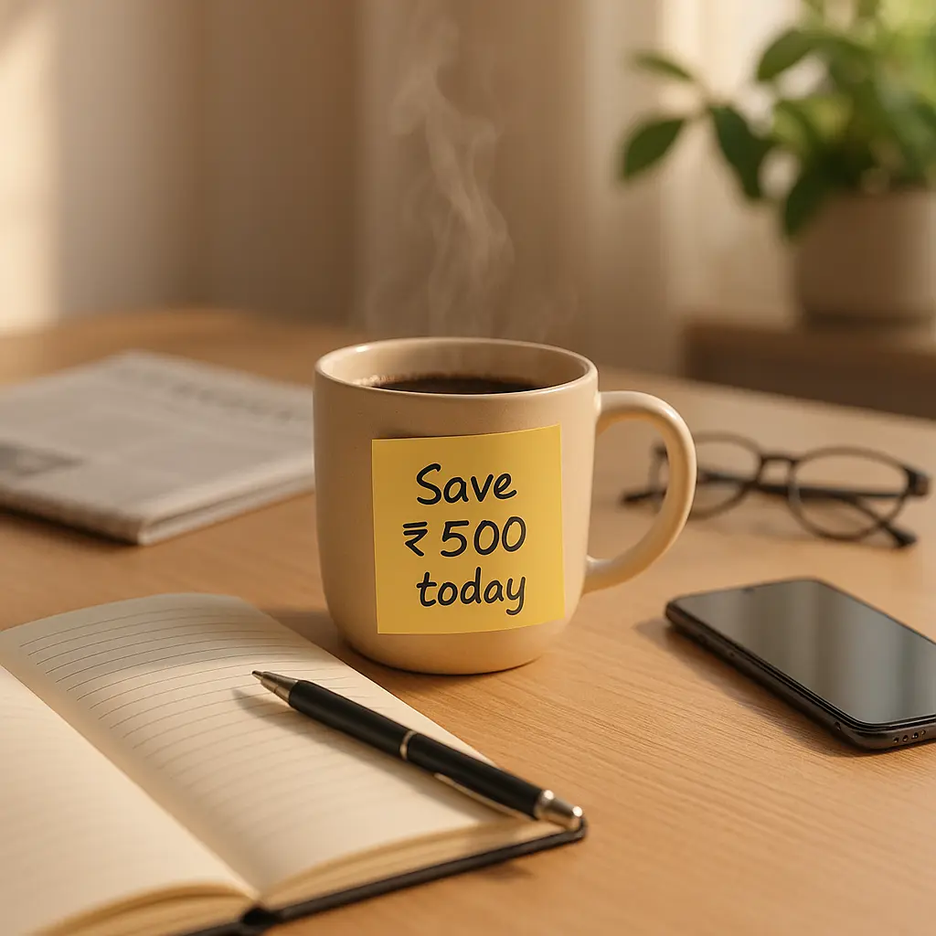 Morning routine with a coffee mug labeled 'Save ₹500 today' – promoting a daily savings habit through simple reminders