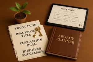 Realistic tabletop scene showing trust fund papers, real estate title, education plan, business succession folder, and a legacy planner — representing essential tools in private wealth management.