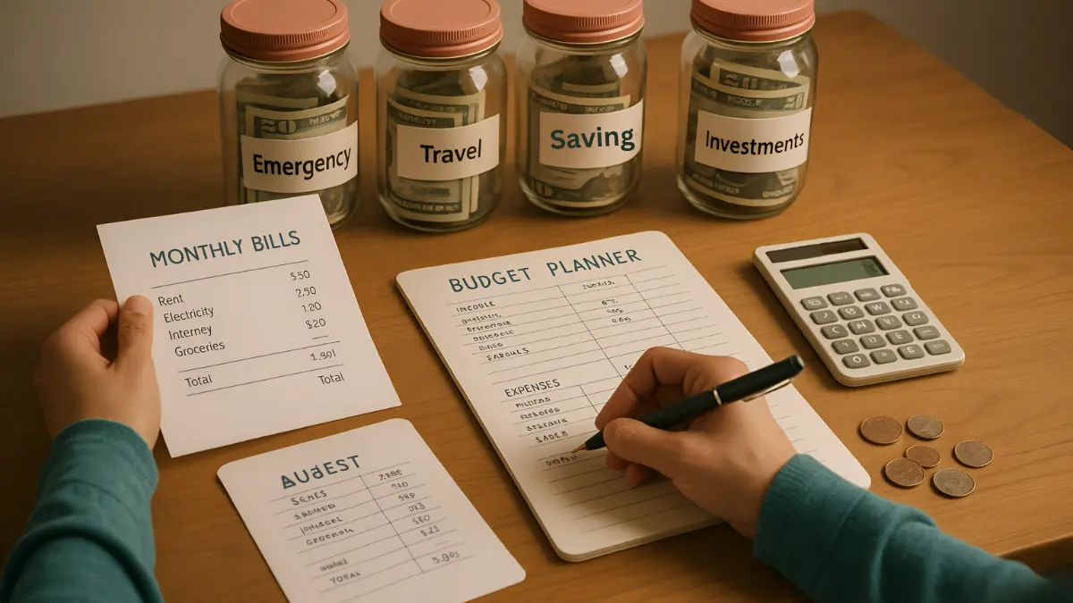 “A person using a handwritten budget planner with labeled jars for emergency, travel, saving, and investments — a practical method for how to stick to a budget every month.”