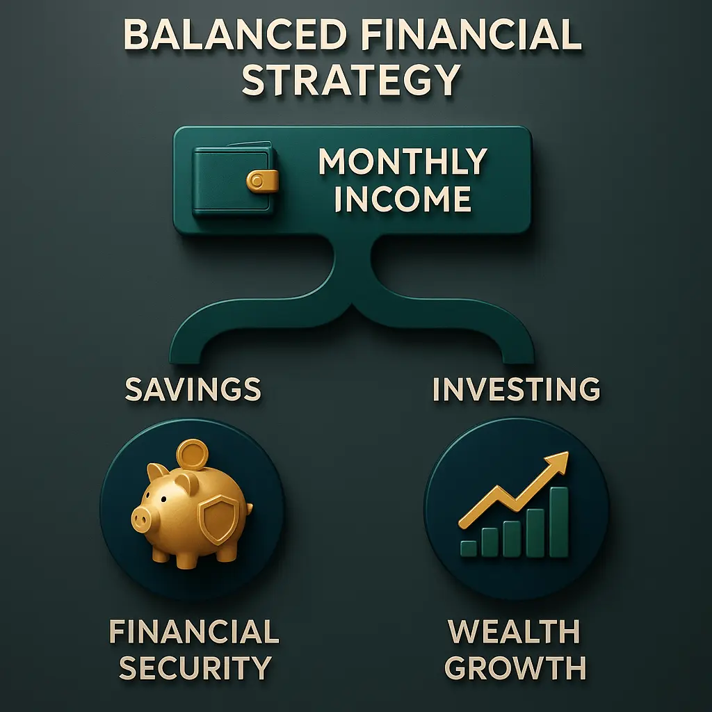 “3D infographic showing balanced financial strategy for monthly income allocation with savings and investing — highlights financial security and wealth growth. Savings vs Investing visual representation for smarter money decisions.”