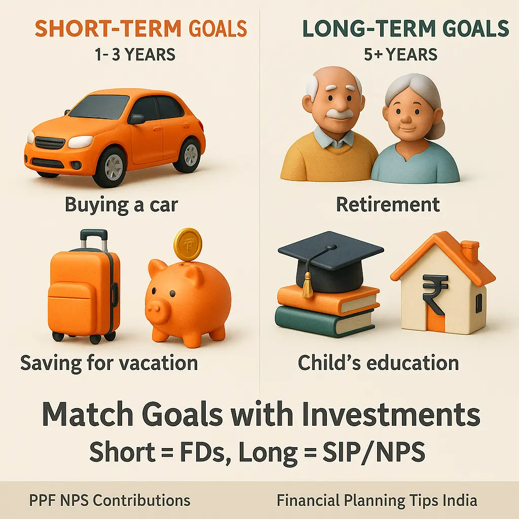 A 3D illustrated chart comparing short-term and long-term financial goals to set this year in India, including savings, retirement, and child education.