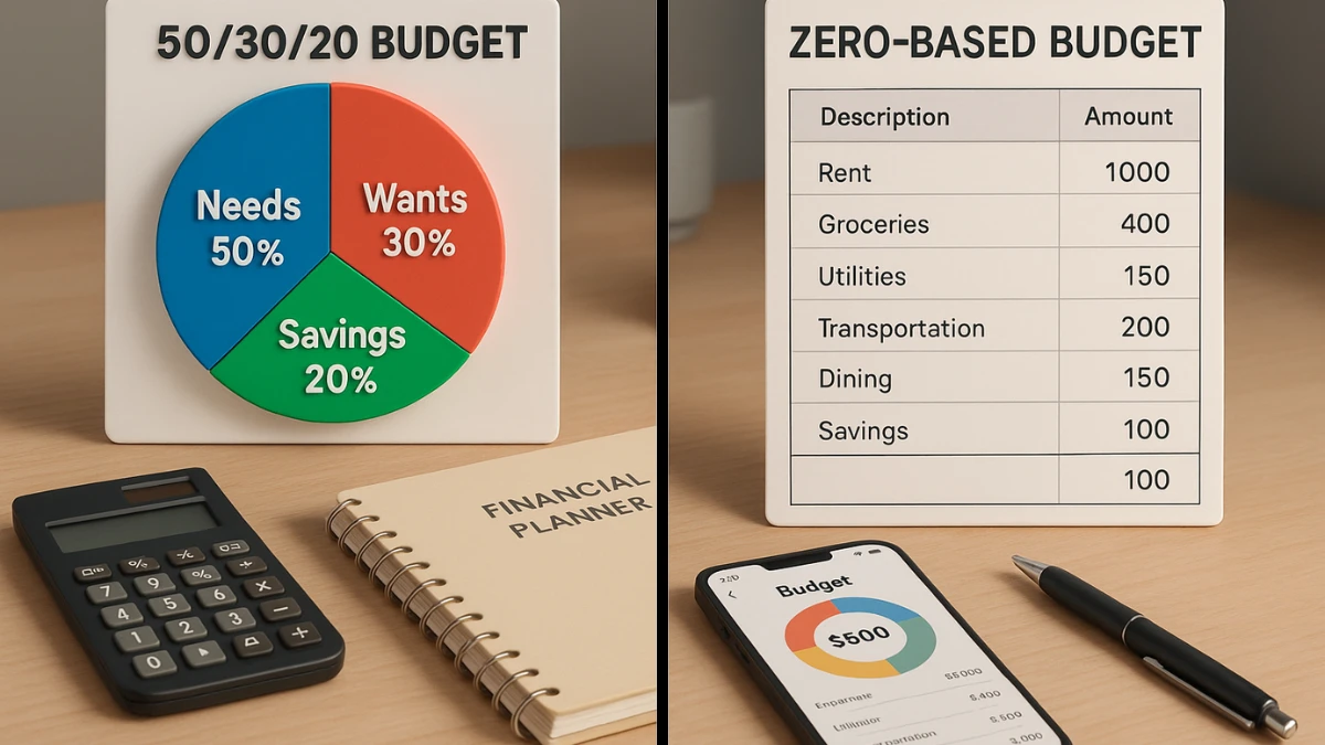 “Side-by-side visual of 50/30/20 budget and zero-based budget to compare and choose the best budgeting method for money management.”