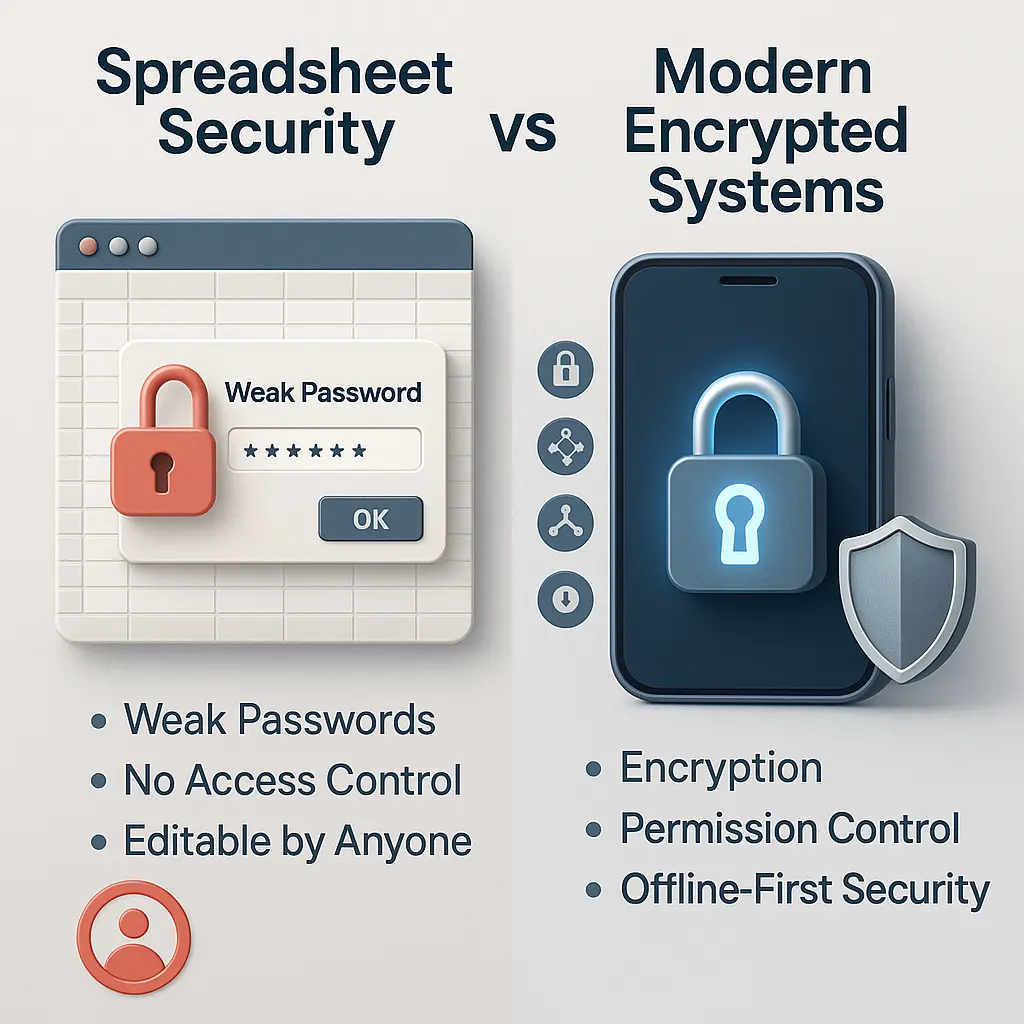 3D comparison image showing weak spreadsheet security versus the encrypted protection of a smart wealth management system.