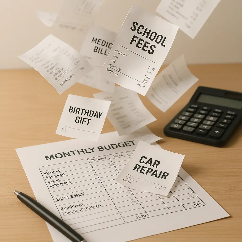 Flying bills and a cluttered desk symbolizing budgeting mistakes caused by unplanned expenses like school fees, gifts, and car repair.