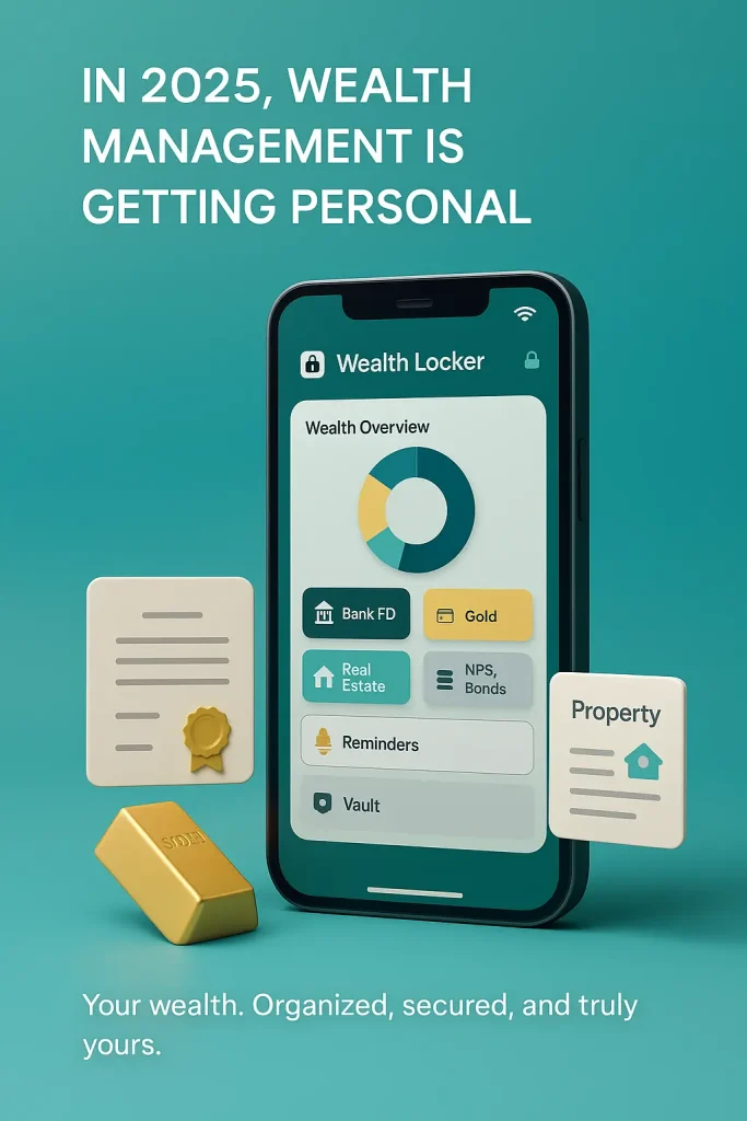 My Wealth Locker app dashboard with organized assets like bank FDs, real estate, NPS, and gold — ideal for beginners who want to track and grow wealth after learning how to start investing.