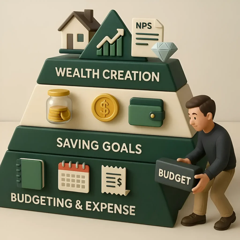 “3D infographic pyramid showing how to stick to a budget as the foundation for saving goals and wealth creation with FDs, NPS, and real estate icons.”