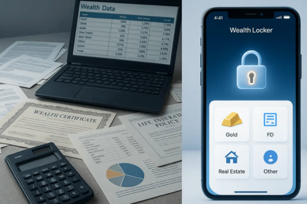 3D illustration showing spreadsheets transforming into a smart wealth management system dashboard for secure digital record storage.