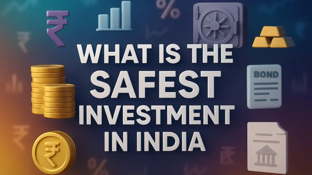 "Bold 3D featured text image asking what is the safest investment in India 2025, with icons of gold, bonds, rupee coins and finance symbols"