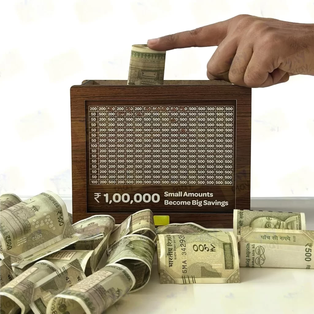 “Wooden saving box with Indian currency used to save money on a low income”