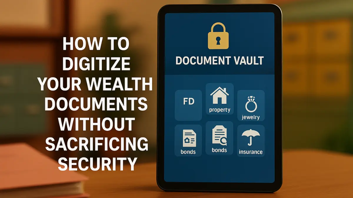 Visual concept of secure document digitization showing a digital vault storing FD, property, jewelry, bonds, and insurance papers.