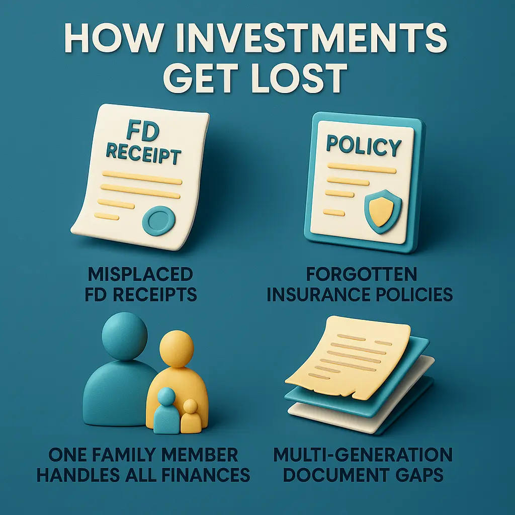 3D infographic showing risks of lost investments in India including missed maturities and lapsed policies.