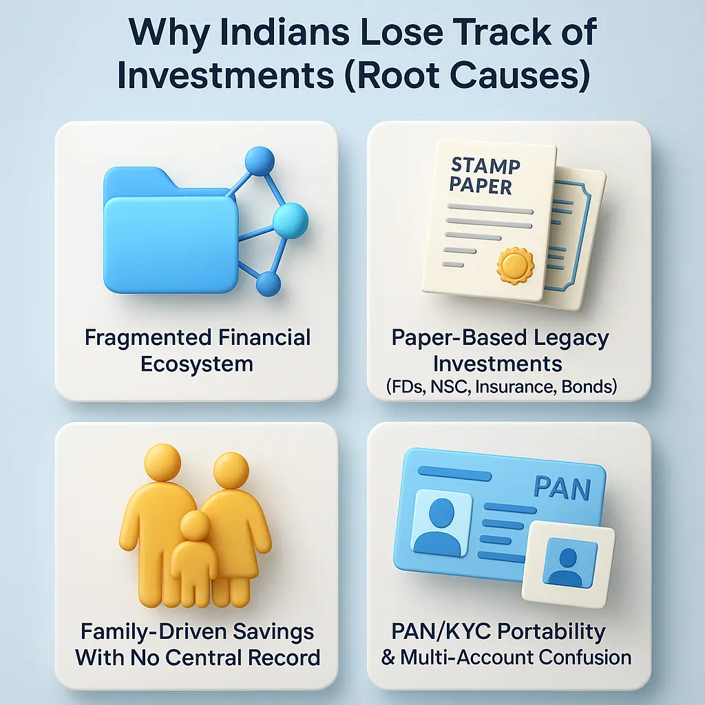 3D infographic showing key reasons behind lost investments in India like fragmentation and paper records