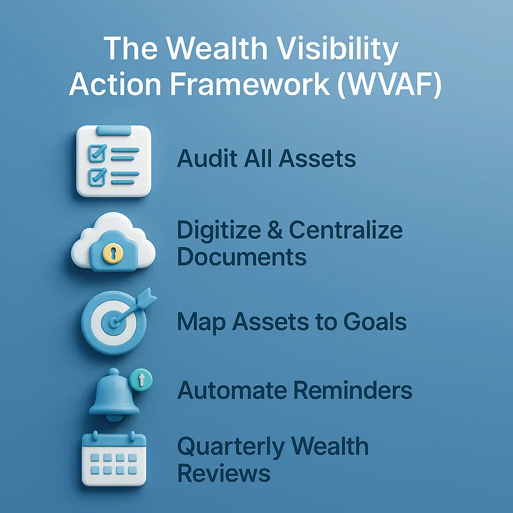 3D infographic of the Wealth Visibility Action Framework to reduce lost investments in India.