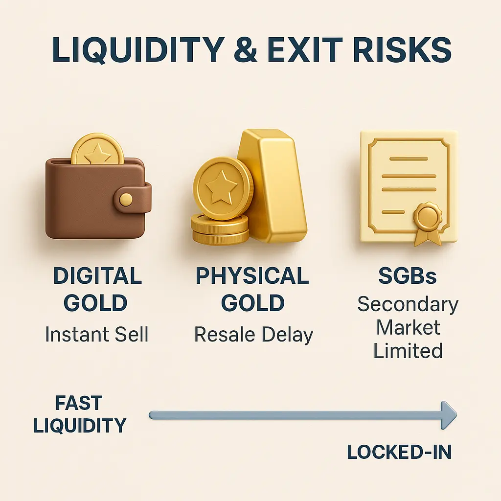 Digital gold vs physical gold liquidity comparison showing resale delays, instant selling myths, and SGB lock-in