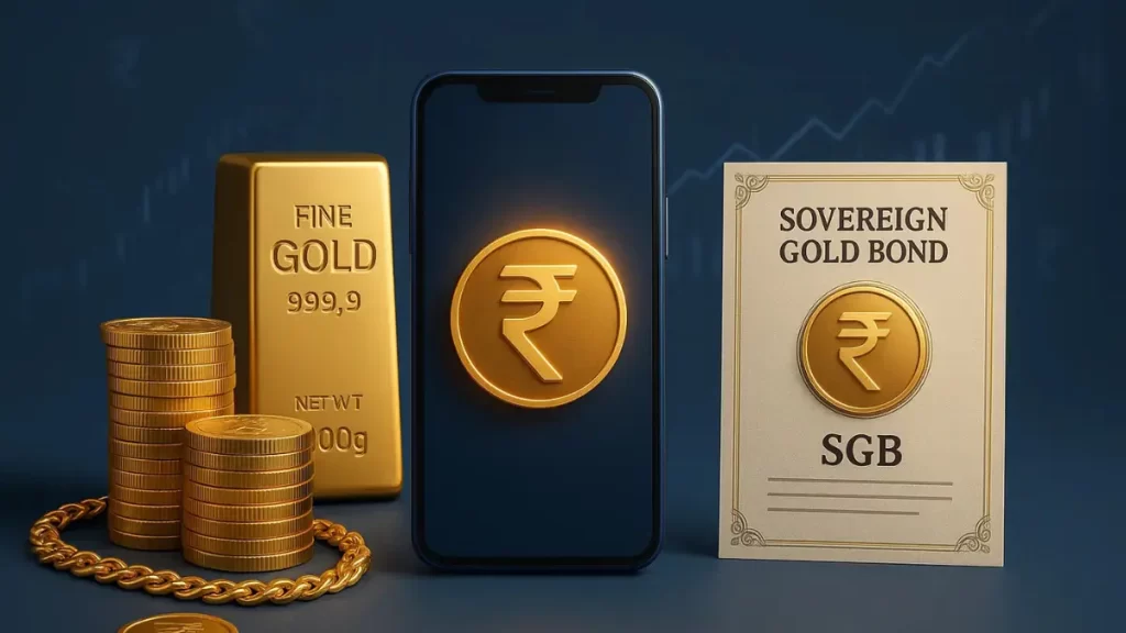 Digital gold vs physical gold comparison showing physical gold, digital gold app, and sovereign gold bonds for Indian investors