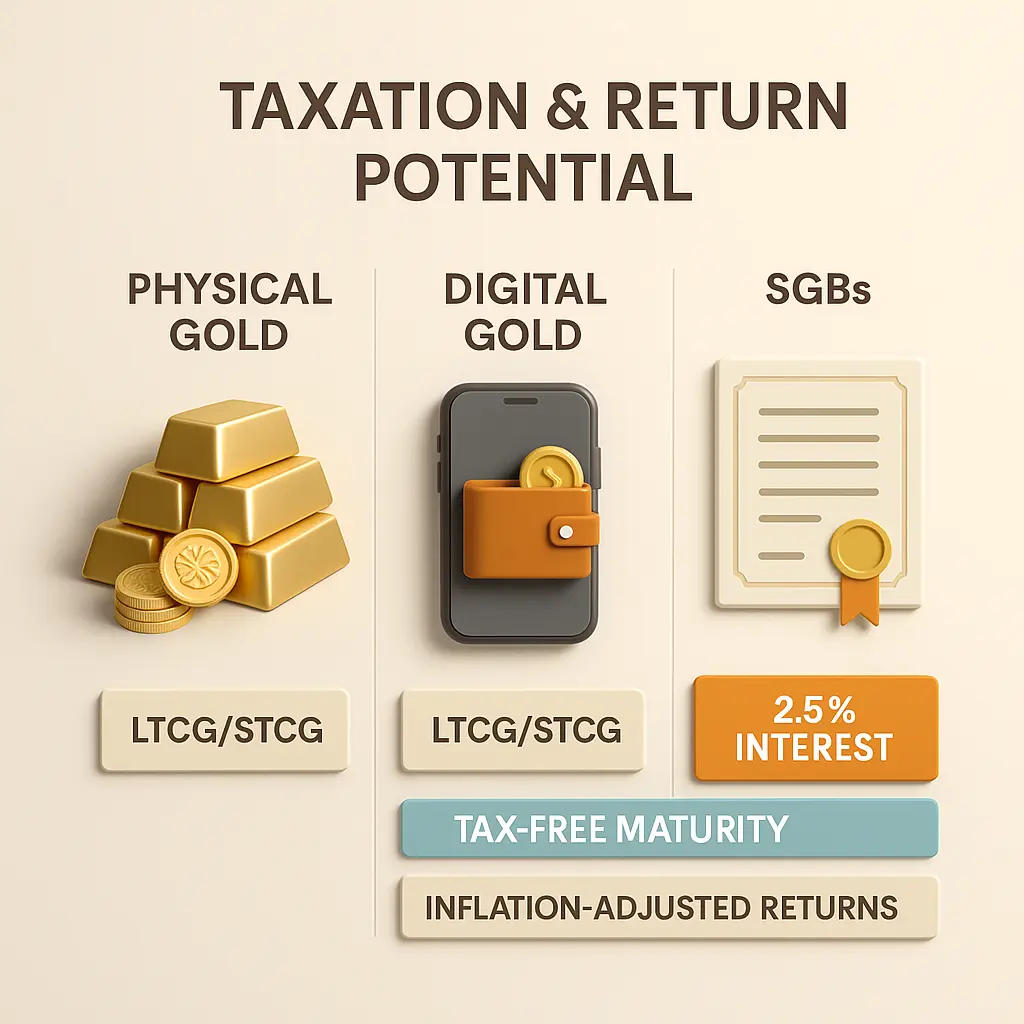 Digital gold vs physical gold taxation and returns comparison with capital gains tax and SGB interest benefits