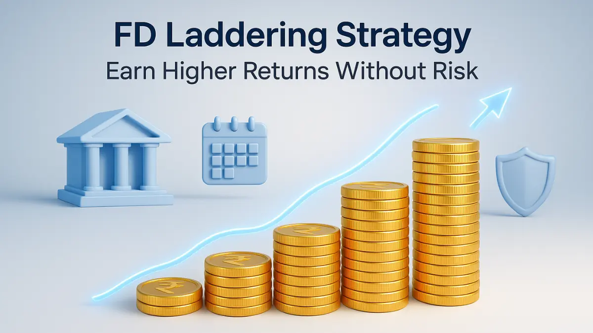 FD Laddering Strategy showing rupee coin ladder, bank icons, calendar, and shield illustrating How to get better returns from FD in India