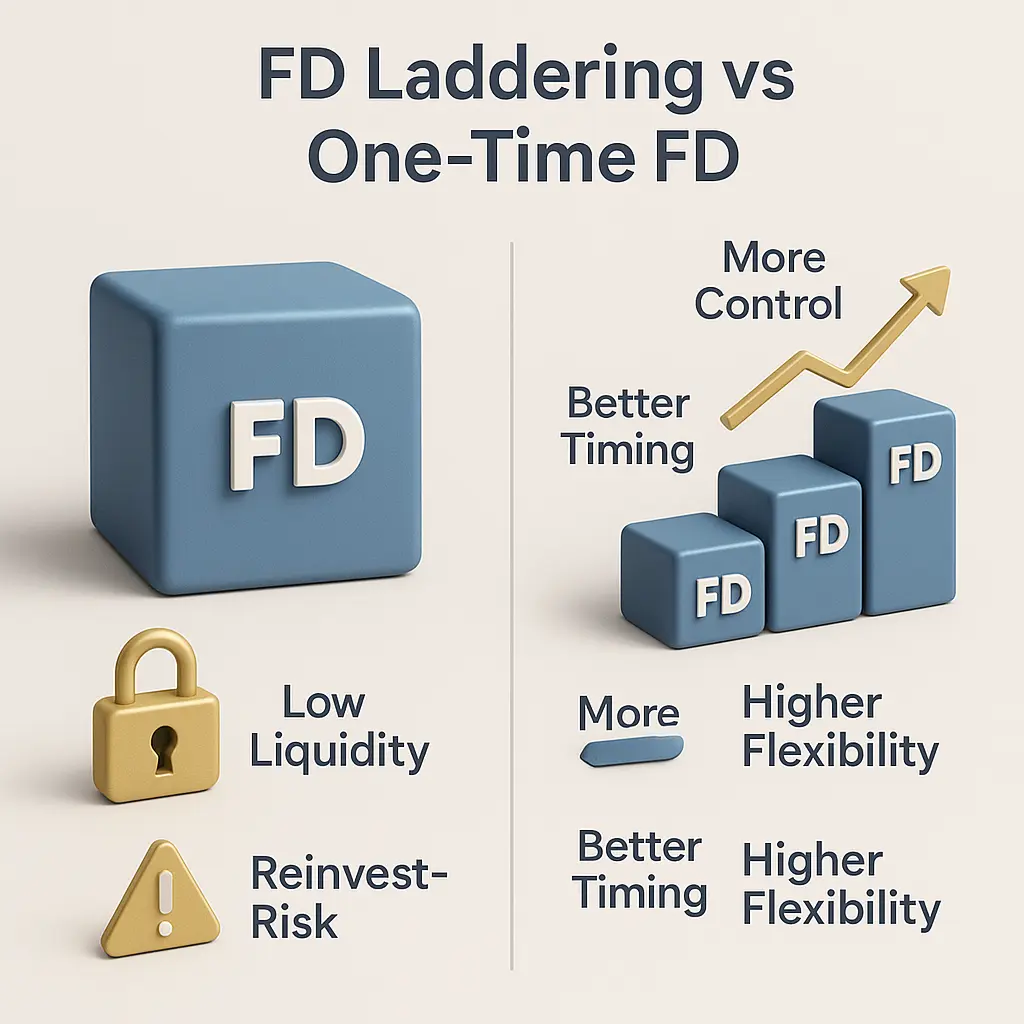 Visual comparison of lump-sum FD and FD laddering illustrating timing advantage, liquidity, and safety for How to get better returns from FD
