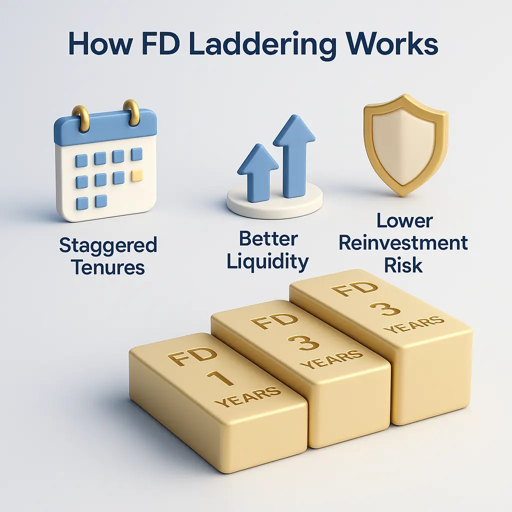 3D infographic showing step-by-step FD laddering with staggered tenures, calendar, and shield icons for How to get better returns from FD