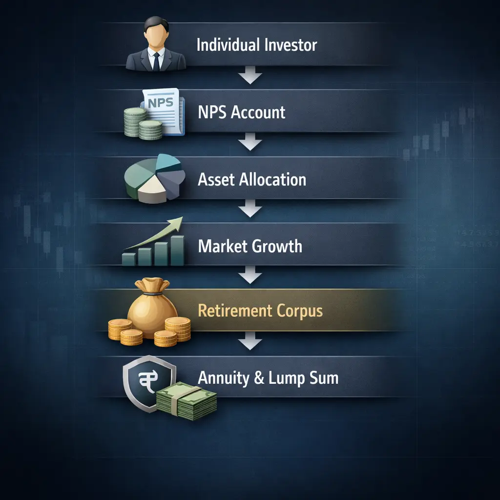 Step-by-step infographic showing how NPS works from investor contributions to retirement corpus and annuity payout