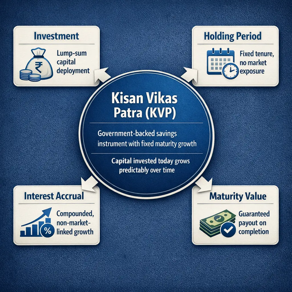 Infographic showing the Kisan Vikas Patra (KVP) lifecycle from investment and holding period to interest accrual and guaranteed maturity value