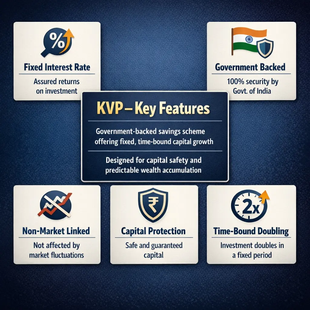 Infographic highlighting key features of Kisan Vikas Patra (KVP) including fixed interest rate, government backing, capital protection, non-market linkage, and time-bound doubling.
