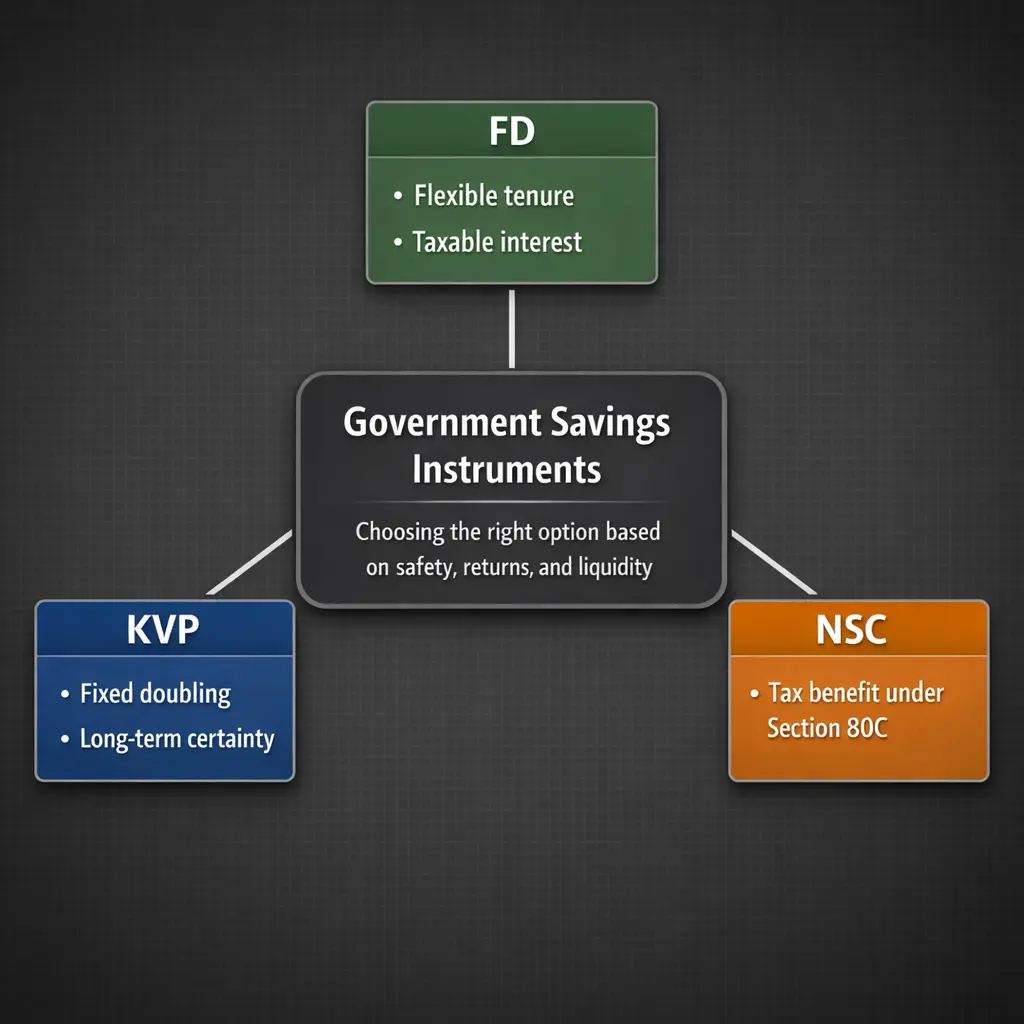 Comparison infographic of KVP vs FD vs NSC based on safety, returns, tax treatment, and liquidity for Indian investors